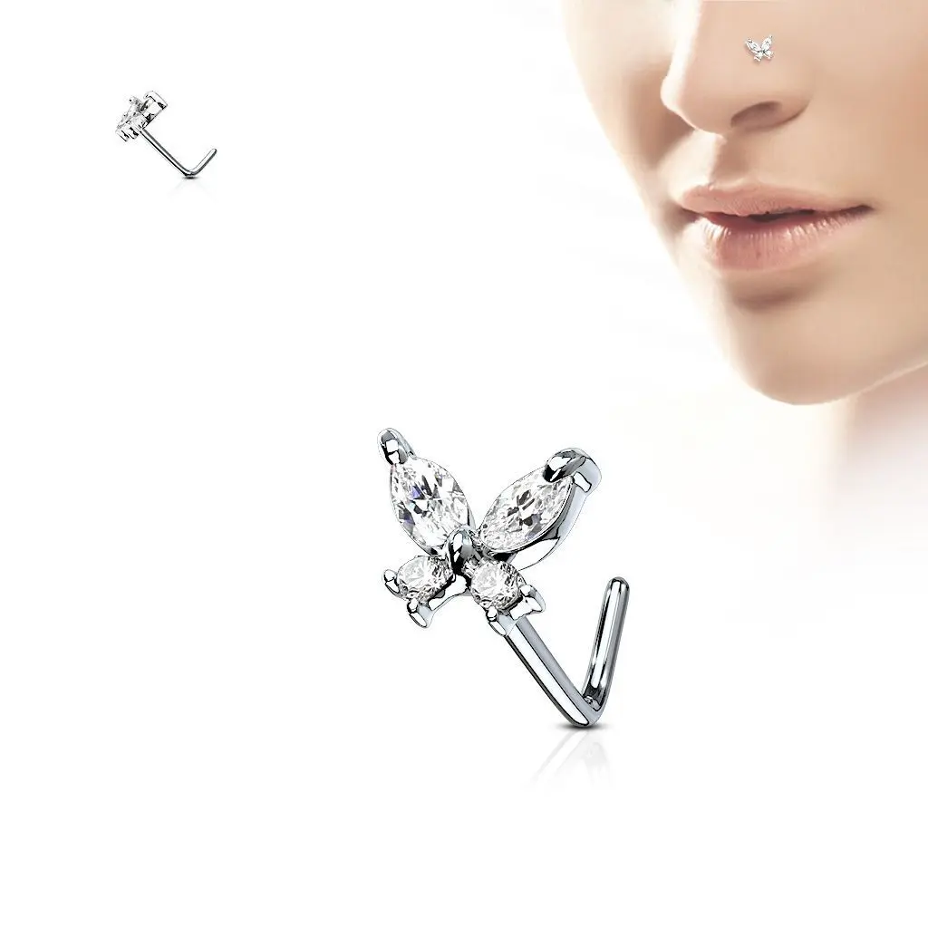 Zahnutý piercing do nosu - motýlek (čirá) - N0082-C