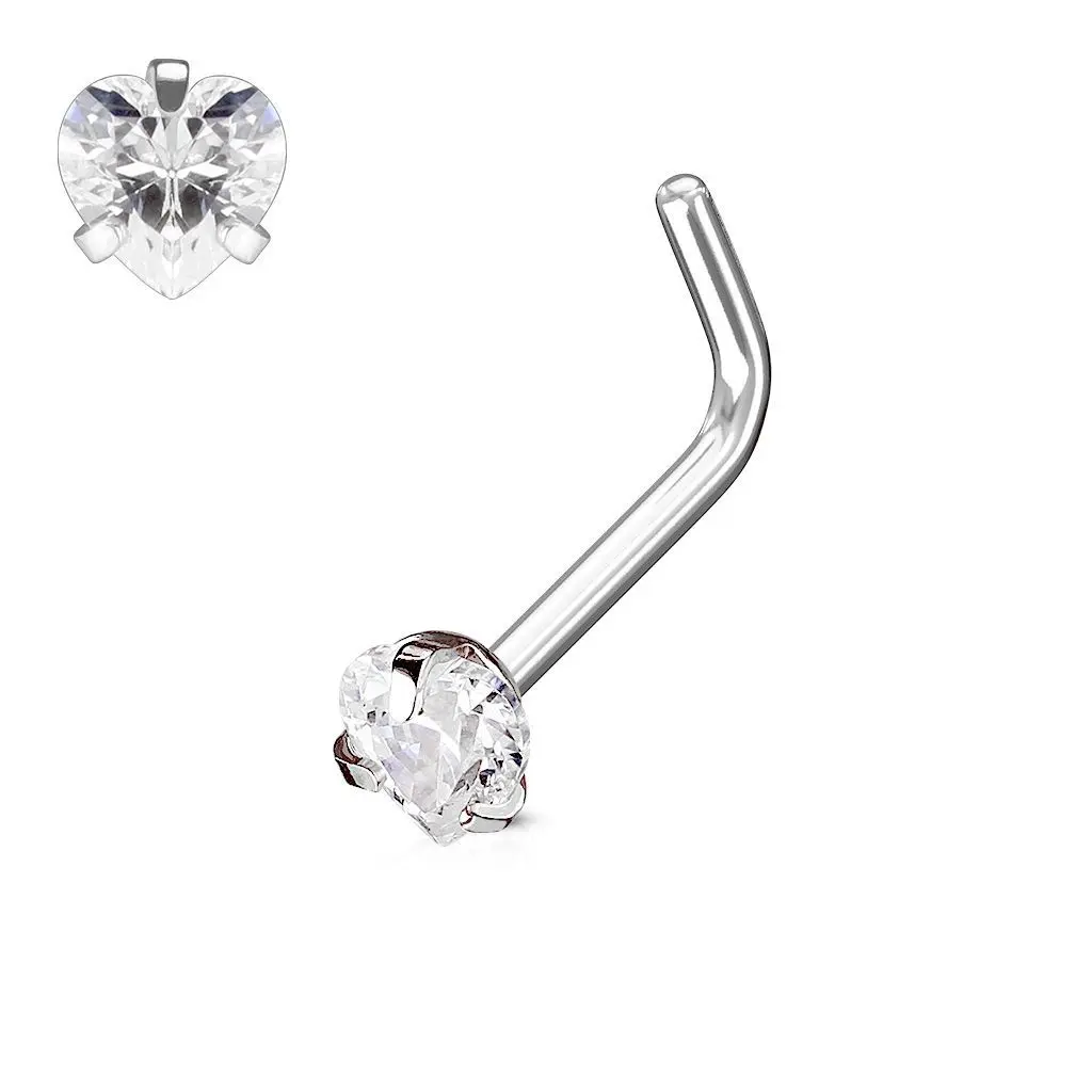 Zahnutý piercing do nosu srdíčko, čirý kamínek - N0068-C