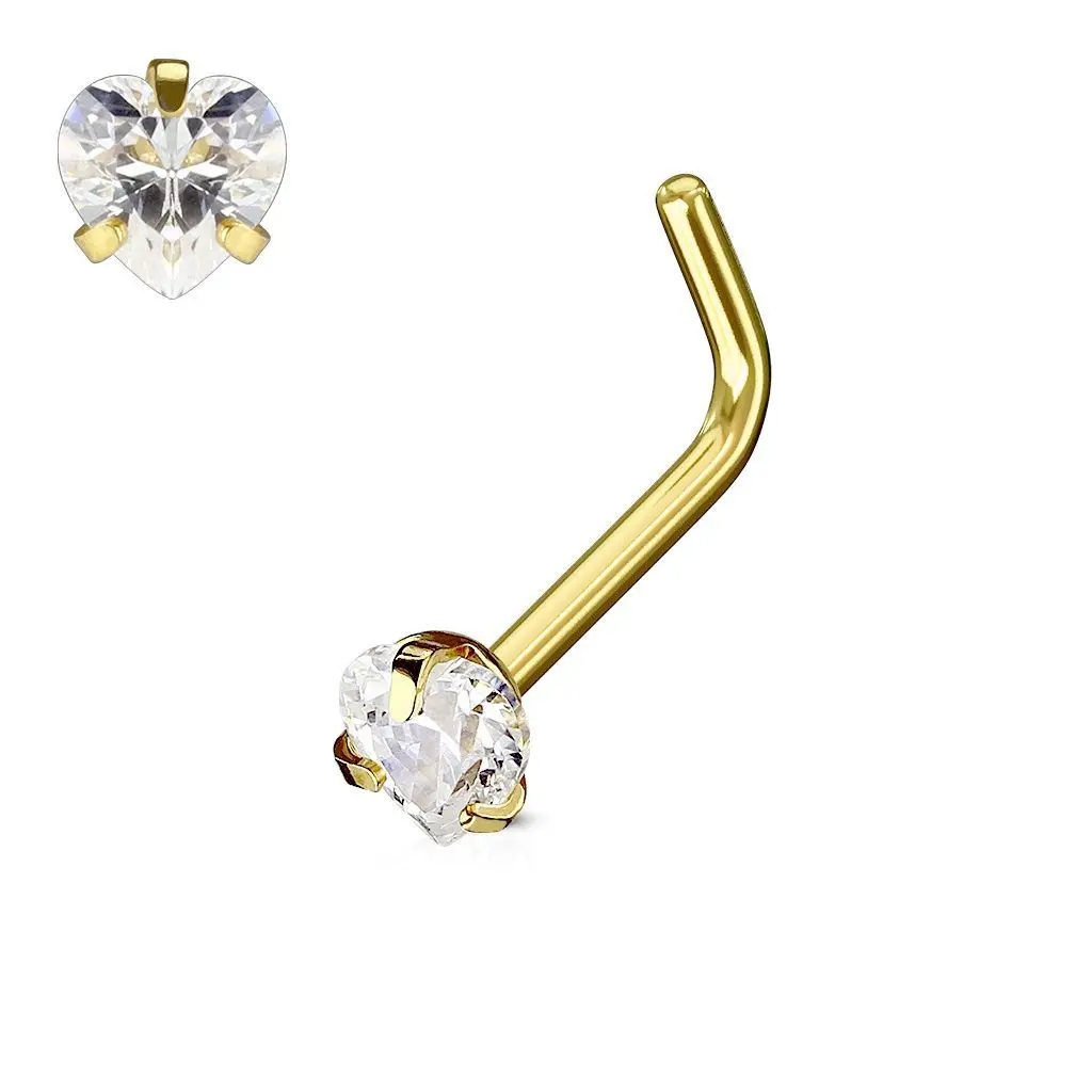 Zlacený piercing do nosu srdíčko, čirý kamínek - N0068-GDC