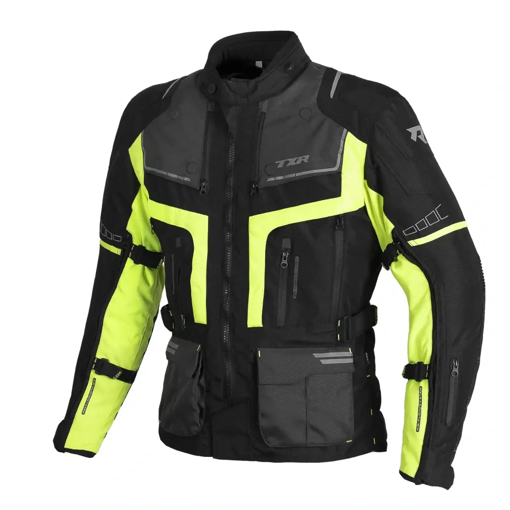 TXR Bunda na motorku Tracer černo-šedo-fluo žlutá XL (Odnímatelná membrána do nepřiznivého počasí; termo podšívka; chrániče ramen a loktů; reflexní)
