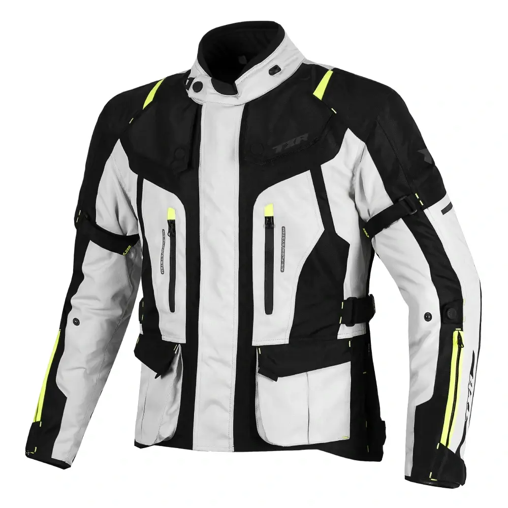 TXR Bunda na motorku Expedition černo-šedo-fluo žlutá XL (odnímatelná membrána Reissa; odnímatelní prošívaná podšívka; chrániče ramen a loktů;)