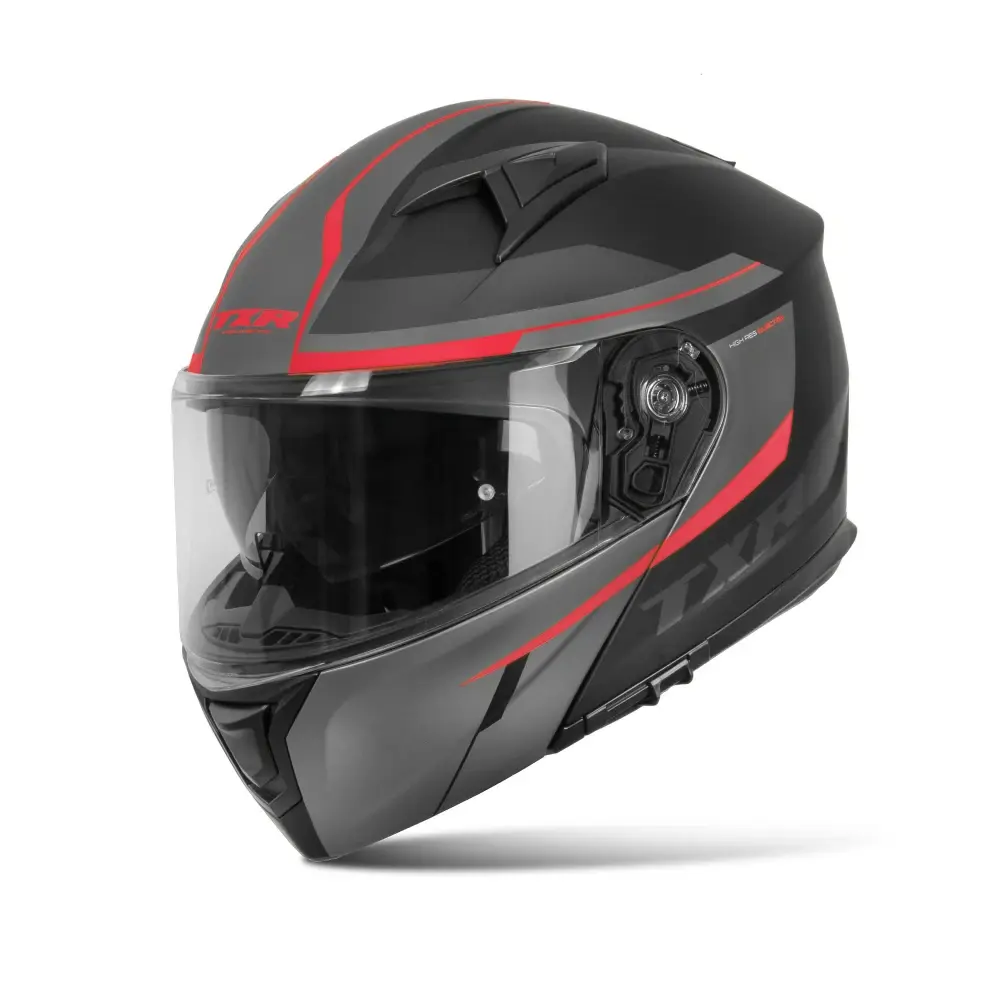 TXR Výklopná přilba na motorku Rival černo-šedo-červená S (Příprava pro Pinlock®; příprava pro komunikátory; polykarbonátová skořepina; mikrometrická)