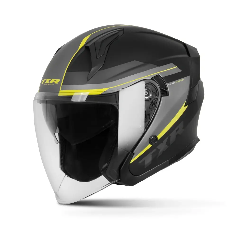 TXR Otevřená helma na motorku City černo-šedo-fluo žlutá M (Polykarbonátová skořepina; mikrometrická přezka; sluneční clona; kompatibilita s brýlemi;)