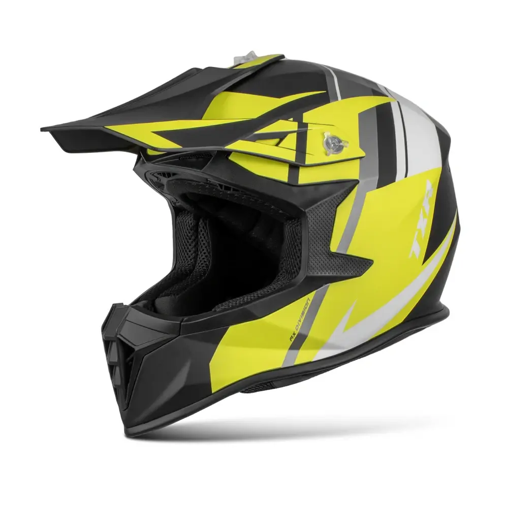 TXR Motokrosová helma Fury černo-šedo-bílo-žlutá XXL (Polykarbonátová skořepina; nízká hmotnost; mikrometrická přezka; odnímatelný a pratelný)