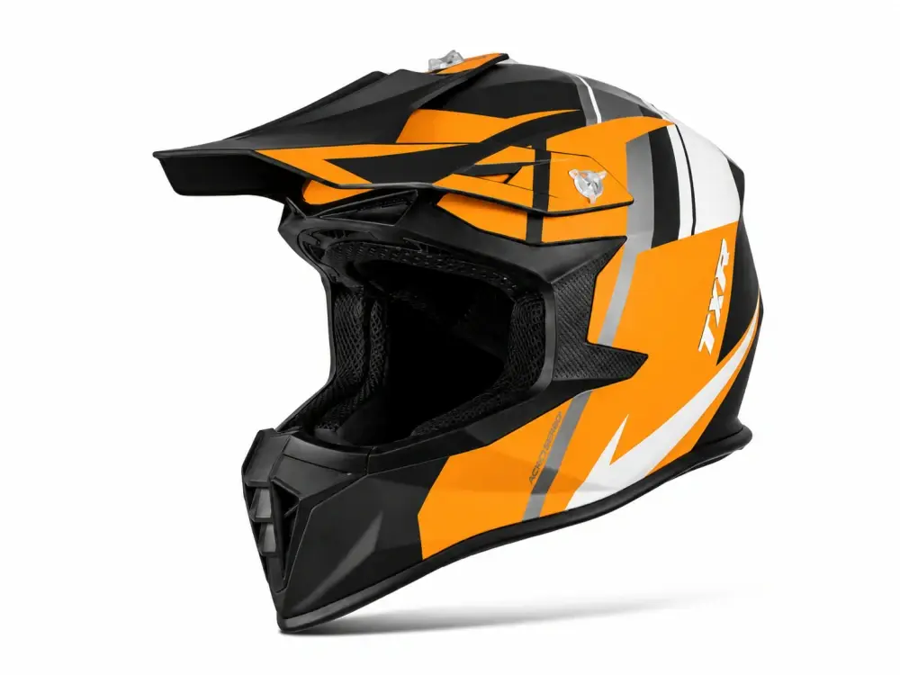 TXR Motokrosová helma Fury černo-šedo-bílo-oranžová XS (Polykarbonátová skořepina; nízká hmotnost; mikrometrická přezka; odnímatelný a pratelný)