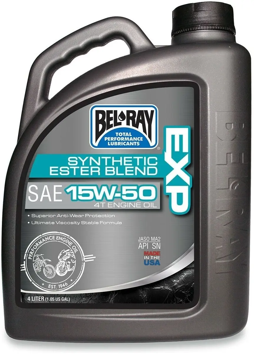 BEL-RAY Motorový olej EXP SYNTHETIC ESTER BLEND 4T 15W50 4L (Syntetický olej pro čtyřtaktní motory motocyklů, vhodný pro vzduchem i kapalinou)