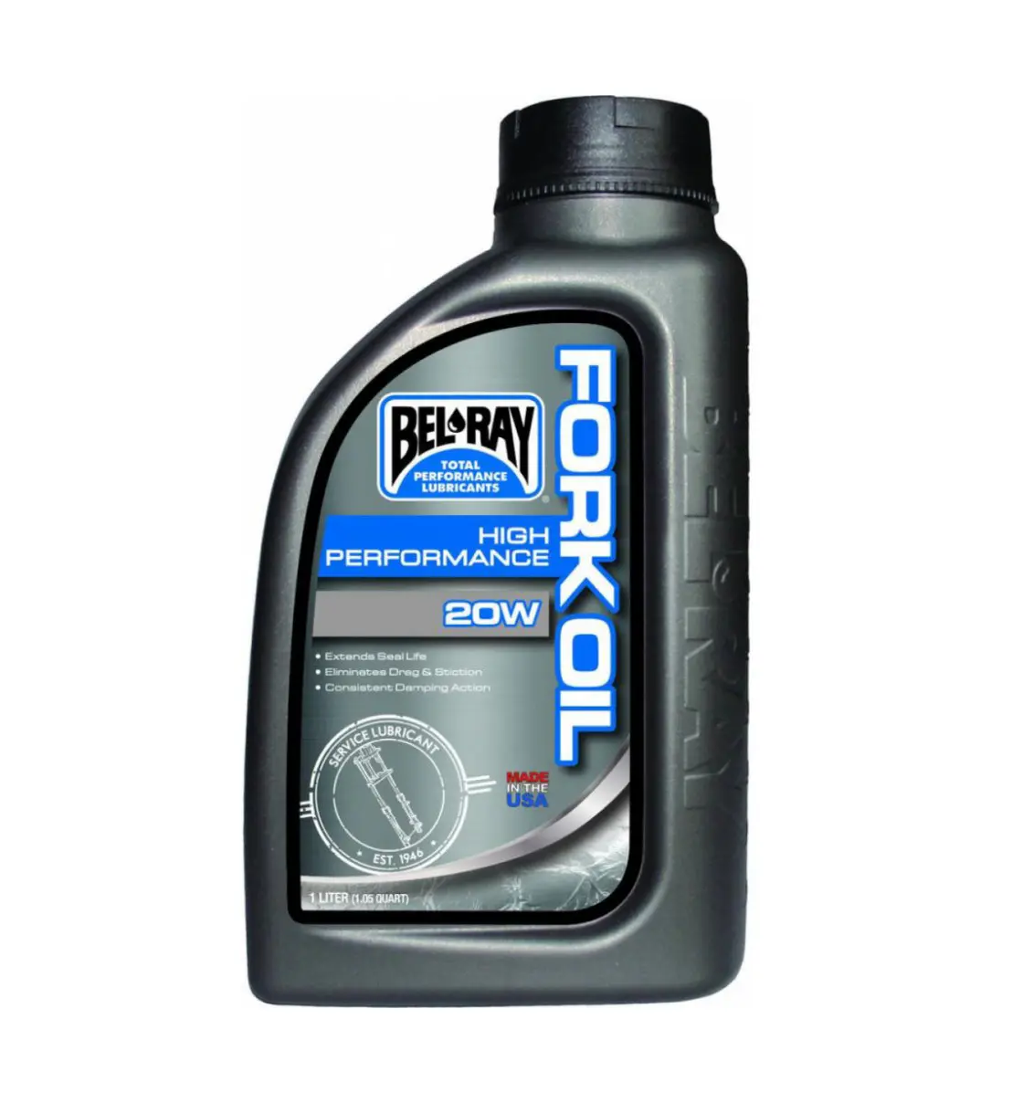 BEL-RAY Tlumičový olej HIGH PERFORMANCE FORK OIL 20W 1L (tlumičový olej vyvinutý pro přední vidlice motocyklů, včetně těch, které používají cartridge)