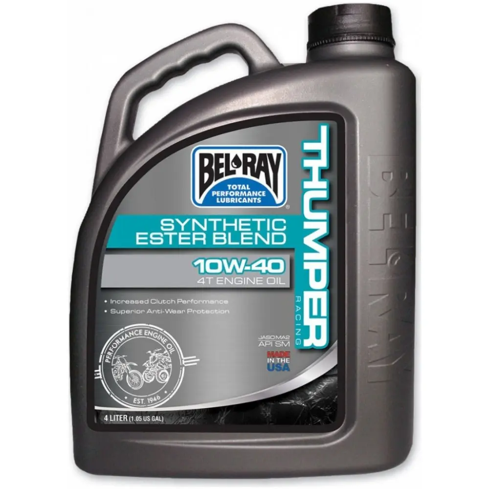BEL-RAY Motorový olej THUMPER RACING SYNTHETIC ESTER BLEND 4T 10W40 4L (Závodní syntetický olej pro čtyřtaktní motory motocyklů, speciálně vyvinutý)