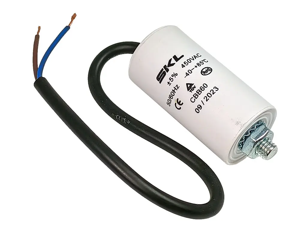 Rozběhový kondenzátor 10.0 uF ( 10uf ) 450V 50/60Hz CBB60 SKL, kabel 25cm, motorový běhový kondenzátor