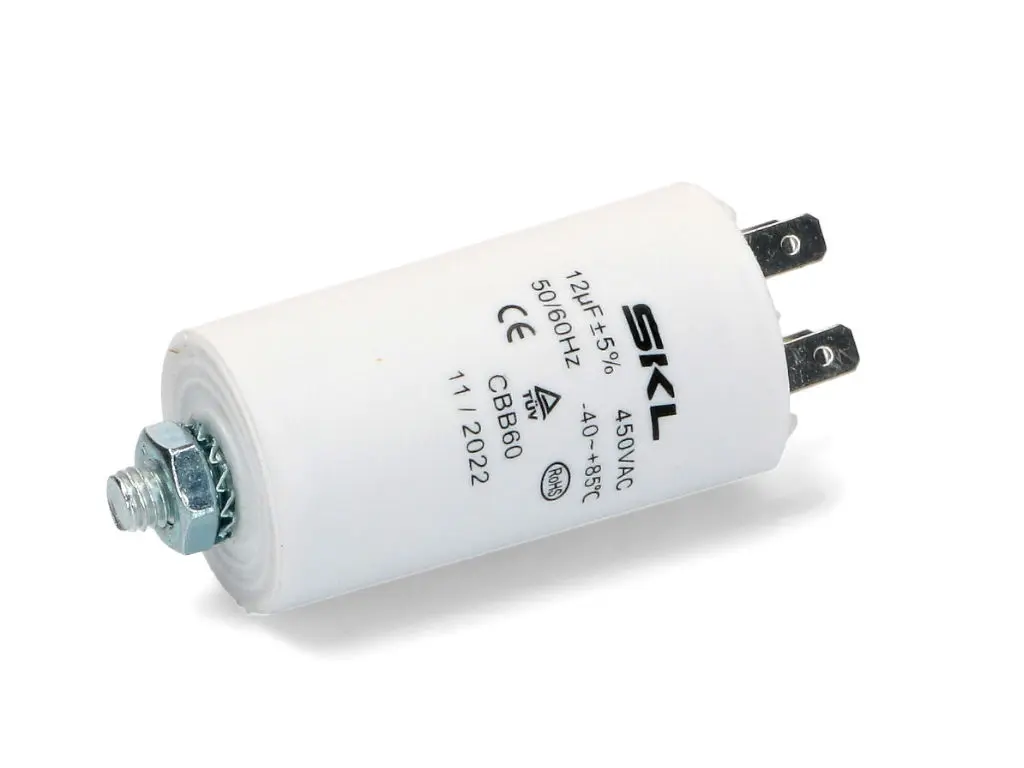 Rozběhový kondenzátor 12.0 uF ( 12uf ) 450V 50/60Hz CBB60 SKL, konektory faston 6.3mm, motorový běhový kondenzátor