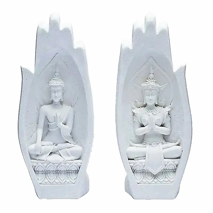 Namaste mudra soška se dvěma Buddhy - bílá - cca 21 cm
