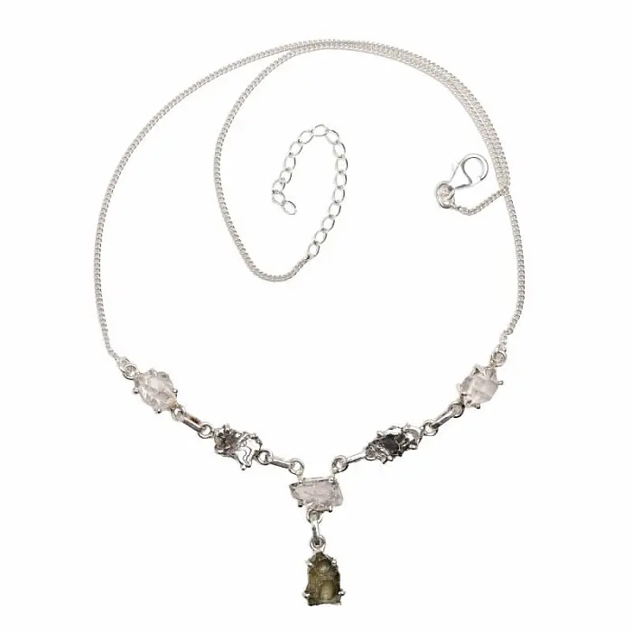 Vltavín, Herkimer diamant a meteorit náhrdelník stříbro Ag 925 N76 - 43 - 48 cm, 10,6 g