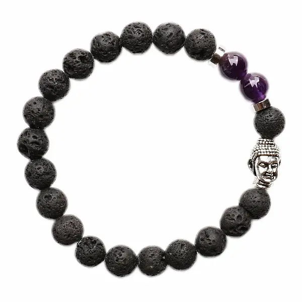 Lávový kámen a ametyst náramek buddhistický z korálků - obvod 16 až 21 cm