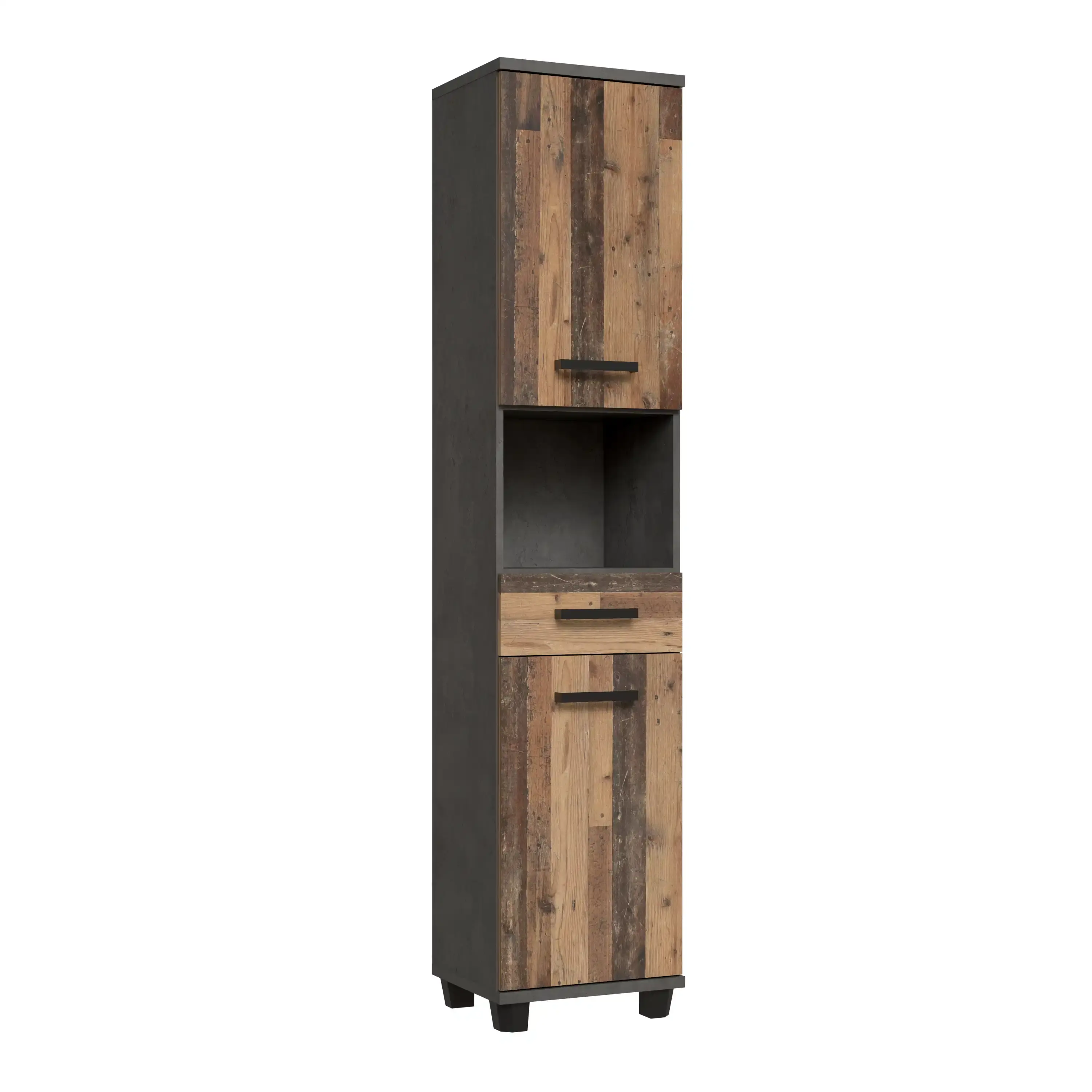 CANELU koupelnová vysoká skříňka, tmavě šedý beton/old-wood vintage