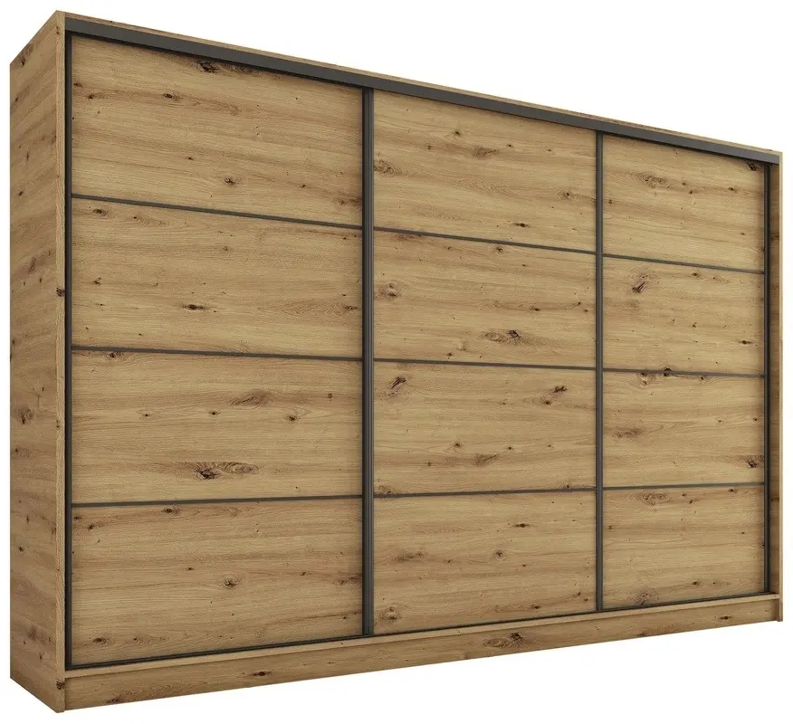 Šatní skříň HARAZIA 280 bez zrcadla, se 4 šuplíky a 2 šatními tyčemi, dub artisan