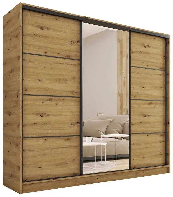 Šatní skříň HARAZIA 200 se zrcadlem, 4 šuplíky a 2 šatními tyčemi, dub artisan