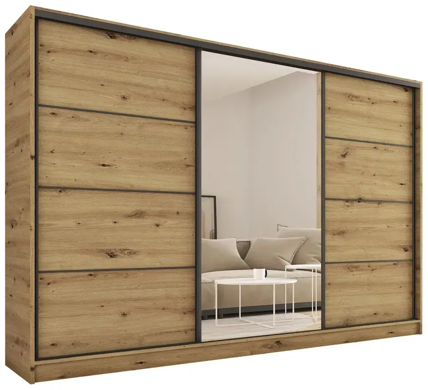 Šatní skříň HARAZIA 280 se zrcadlem, 4 šuplíky a 2 šatními tyčemi, dub artisan