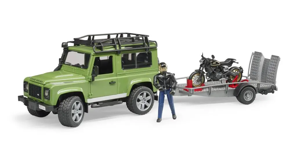 Bruder 2598 Land Rover s přívěsem, motocykl Ducati a řidič