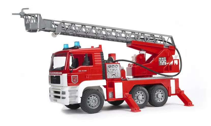 Užitkové vozy - MAN TGA hasičské auto s výsuvným žebříkem, pumpou, světly a zvuky 1:16