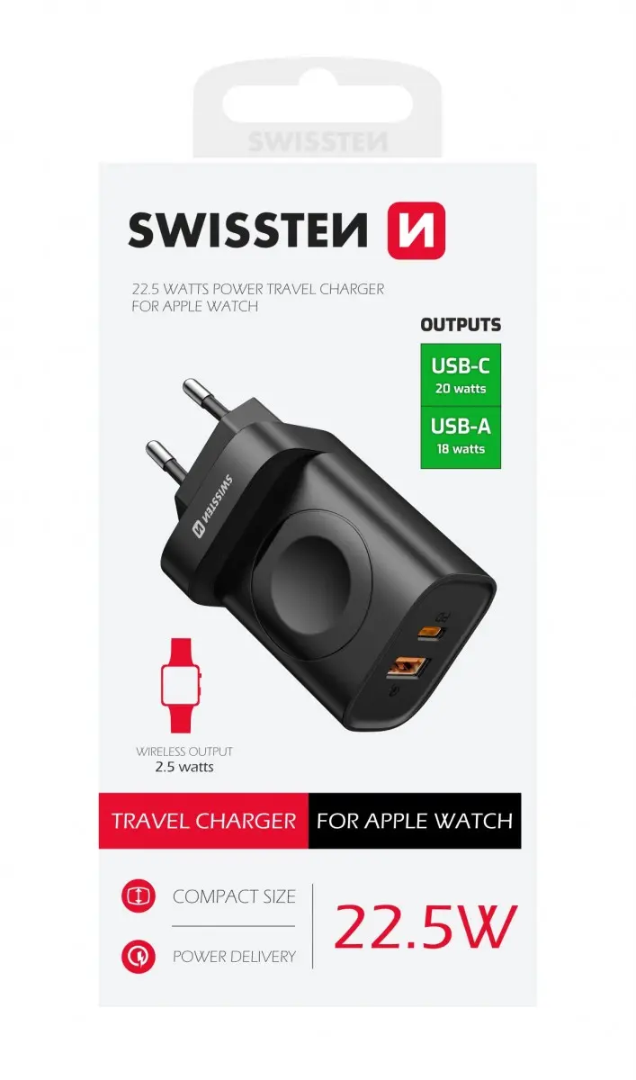 Swissten Síťový Adaptér 1xUSB-A, 1xUSB-C a Apple Watch PD, QC 20W