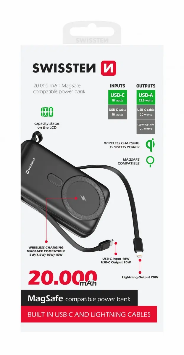 Powerbanka Swissten 20000 mAh s funkcí rychlonabíjení 20W s kabely USB-C a Lightning (kompatibilní s magsafe)