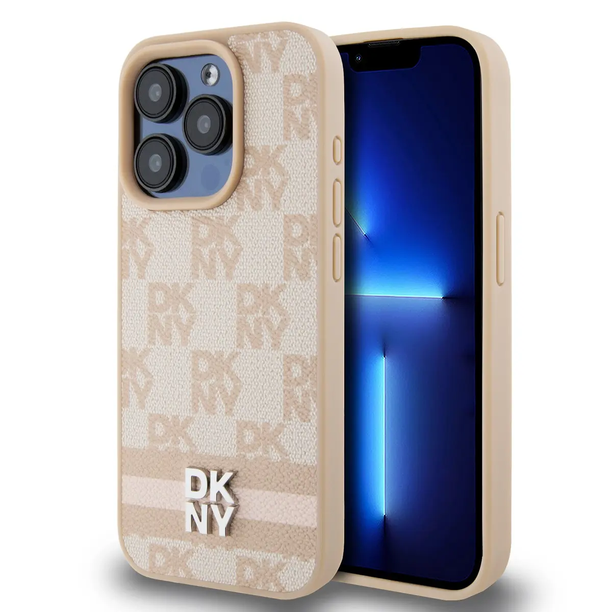 DKNY PU Leather Checkered Pattern and Stripe Zadní Kryt pro iPhone 15 Pro Pink DKHCP15LPCPTSSP