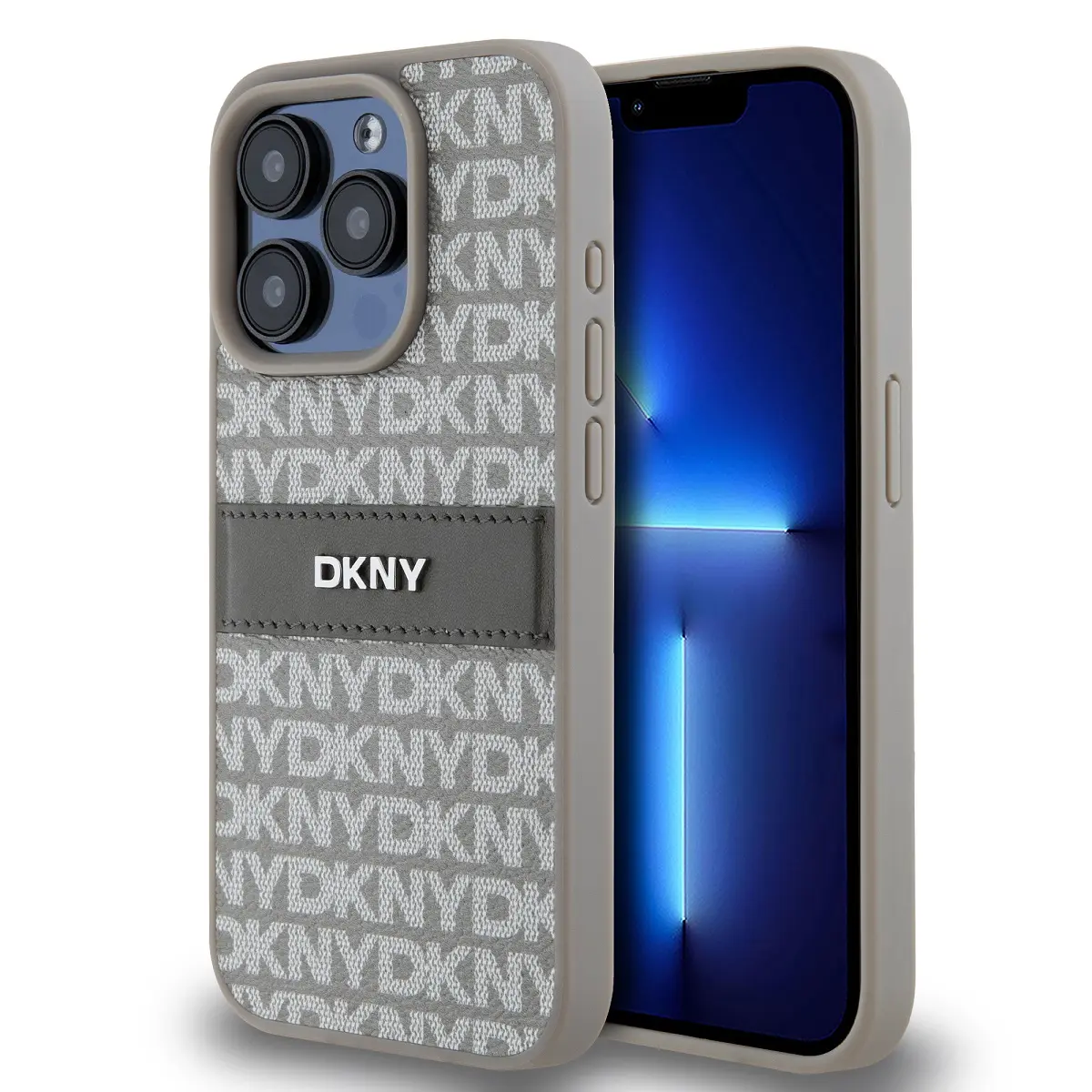 DKNY PU Leather Repeat Pattern Tonal Stripe Zadní Kryt pro iPhone 14 Pro Max Beige DKHCP14XPRTHSLE