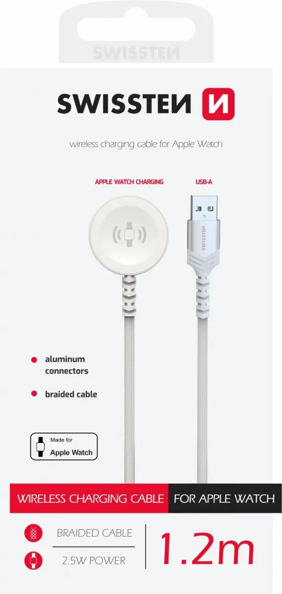 Opletený magnetický kabel Swissten pro Apple Watch kovový, USB-A 1.2 m bílý