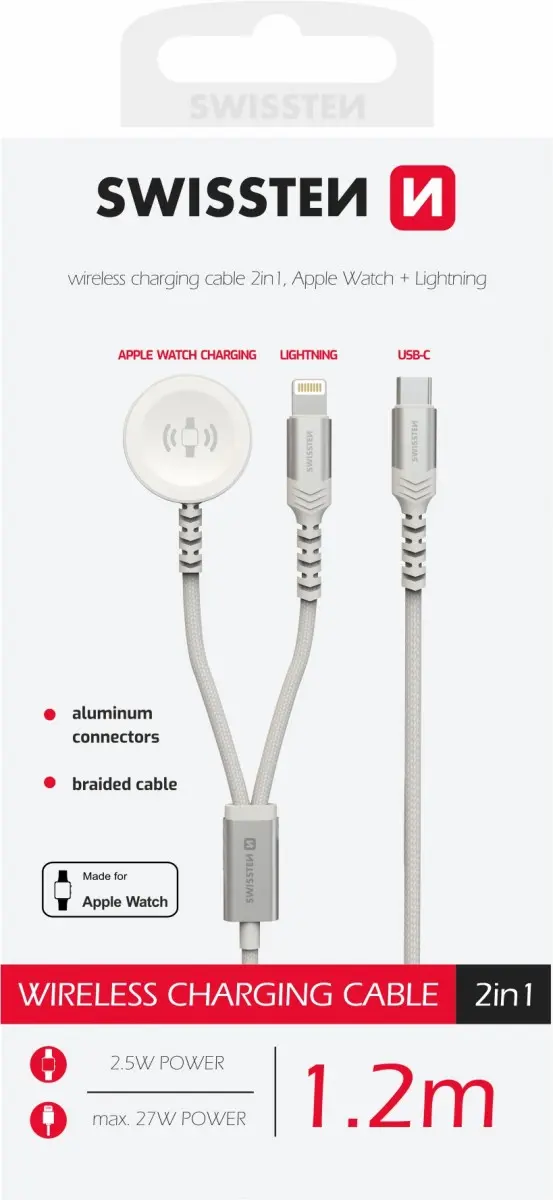 Magnetický kabel opletený Swissten 2v1 pro Apple Watch a Lightning, USB-C 1.2 m bílý