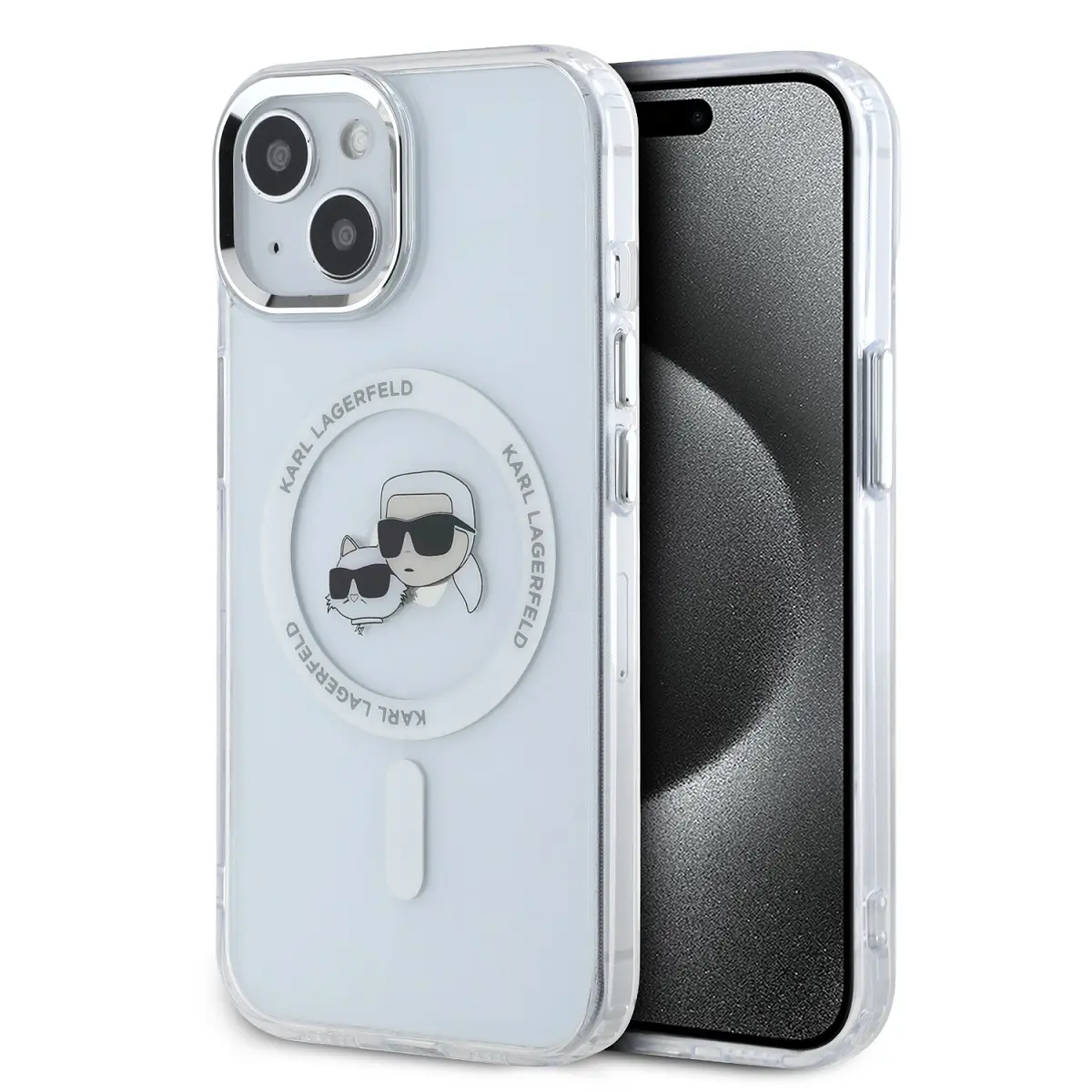 Karl Lagerfeld IML K&CH Heads Metal Frame MagSafe zadní kryt iPhone 15 čirý