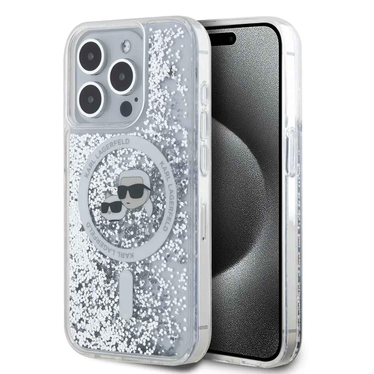 Karl Lagerfeld Liquid Glitter Karl and Choupette Heads MagSafe zadní kryt pro iPhone 15 Pro čirý