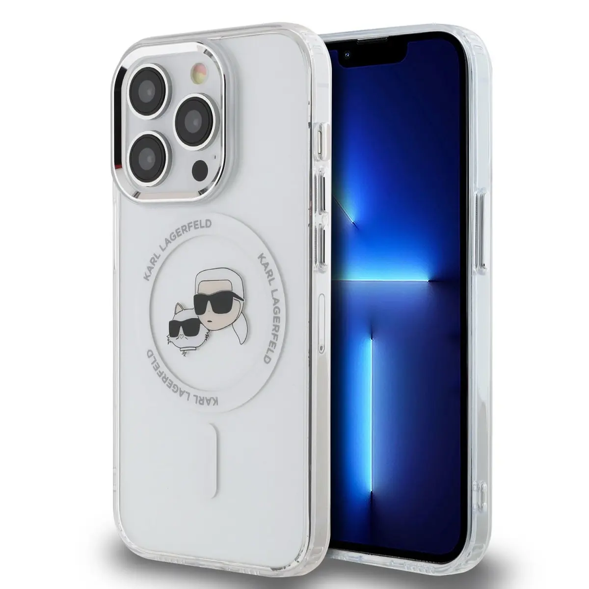 Karl Lagerfeld IML K&CH Heads Metal Frame MagSafe Zadní Kryt pro iPhone 15 Pro Transparent KLHMP15LHLSKCH