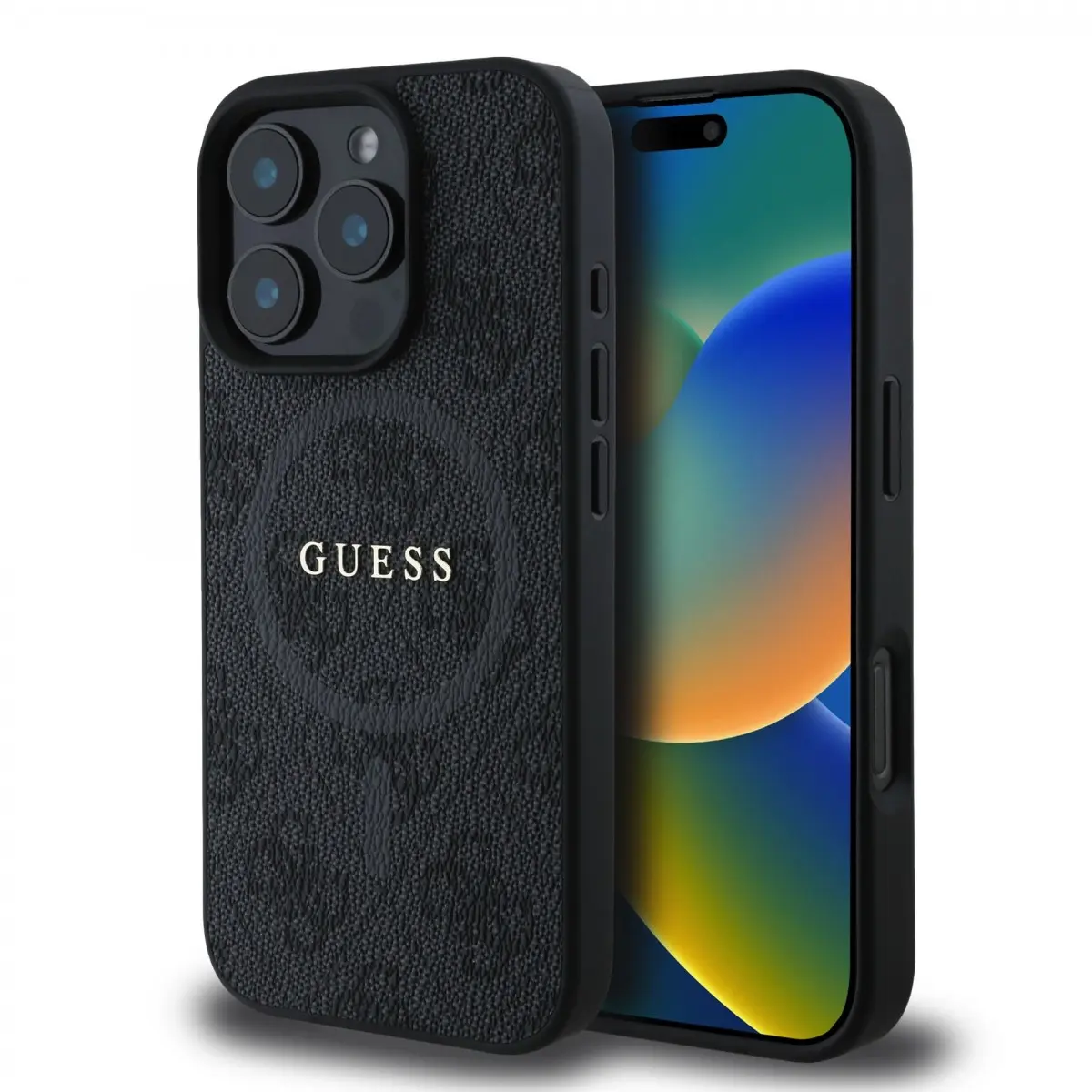 Guess PU Leather 4G Colored Ring MagSafe kryt iPhone 16 Pro černý