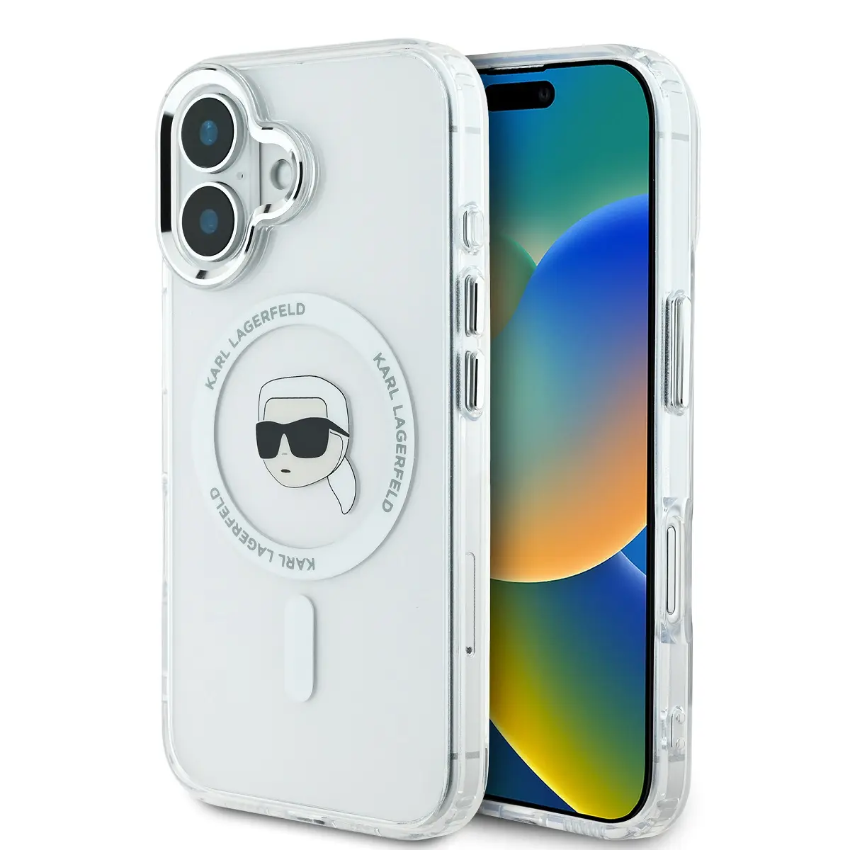 Karl Lagerfeld IML Karl Head Metal Frame MagSafe kryt pro iPhone 16 čirý