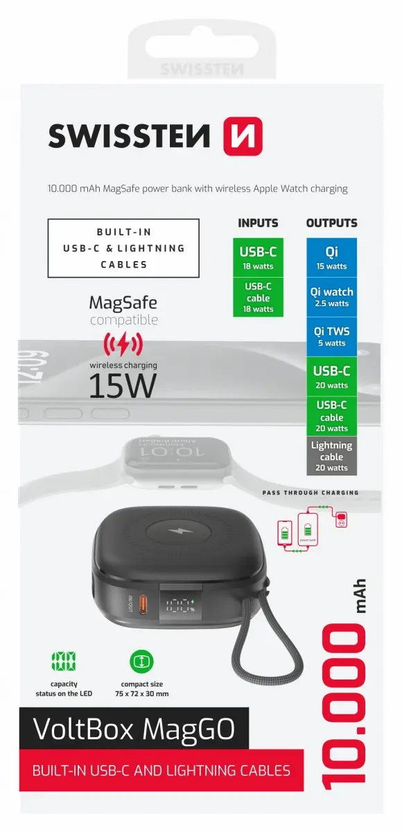 Swissten Power bank VOLTBOX MagGO 10000 mAh s integrovanými kabely + MAGSAFE + Apple WATCH