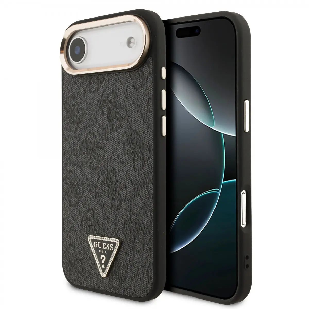 Guess PU Leather 4G Strass Triangle Logo Gold Frame MagSafe Zadní Kryt pro iPhone Air Black GUHMP17MP4GTDGMK