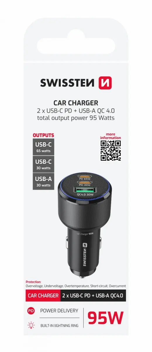 Adaptér do auta Swissten s funkcí rychlonabíjení 2USB-A, 2x USB-C PD 95W černý