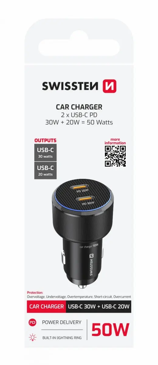 Adaptér do auta Swissten s funkcí rychlonabíjení 2x USB-C PD 50W černý