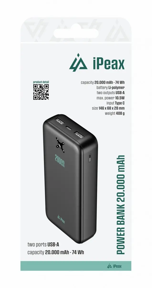 Powerbanka iPeax 20000 mAh, 10,5W, 2x USB-A černá