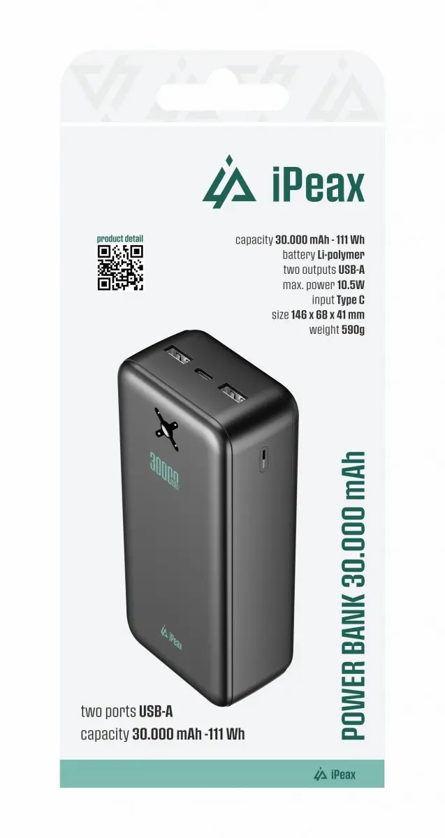 Powerbanka iPeax 30000 mAh, 10,5W, 2x USB-A černá