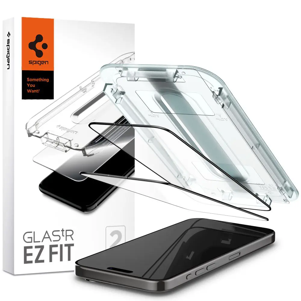 Spigen Glass.TR EZFit FC s aplikátorem, 2 kusy, Tvrzené sklo, iPhone 15 Pro, černé