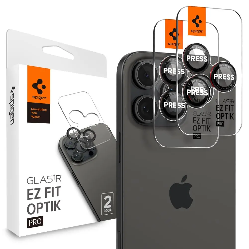 Spigen Optik Pro L-Series TR Ez Fit ochrana fotoaparátu, 2 kusy, iPhone 14 Pro / Max / 15 Pro / Max / 16 Pro / Max / 17 Pro / Max, černá