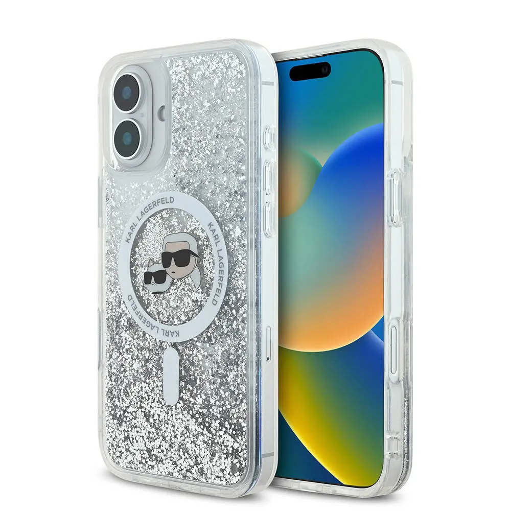 Karl Lagerfeld Liquid Glitter Karl and Choupette Heads MagSafe kryt pro iPhone 16 čirý