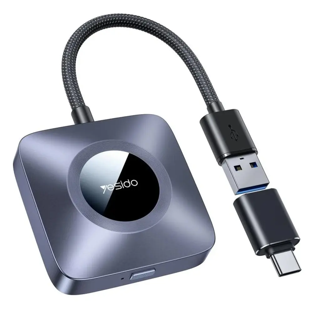 Yesido - Wireless CarPlay Adapter KM23 bezdrátový CarPlay adaptér pro Apple s USB na USB-C kabelem, Bluetooth 5.0 a podporou 1080p - šedý