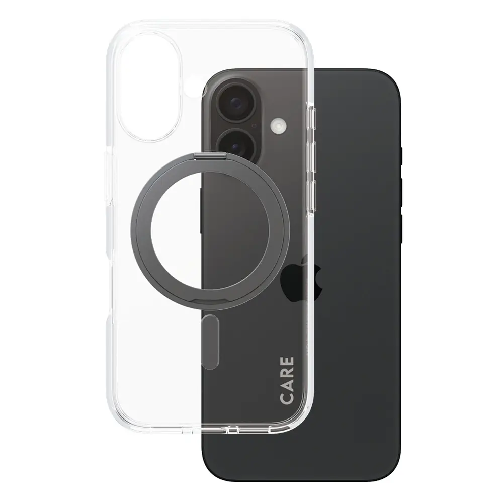 PanzerGlass® CARE Feature černý stojánek & MagSafe iPhone 16 průhledný