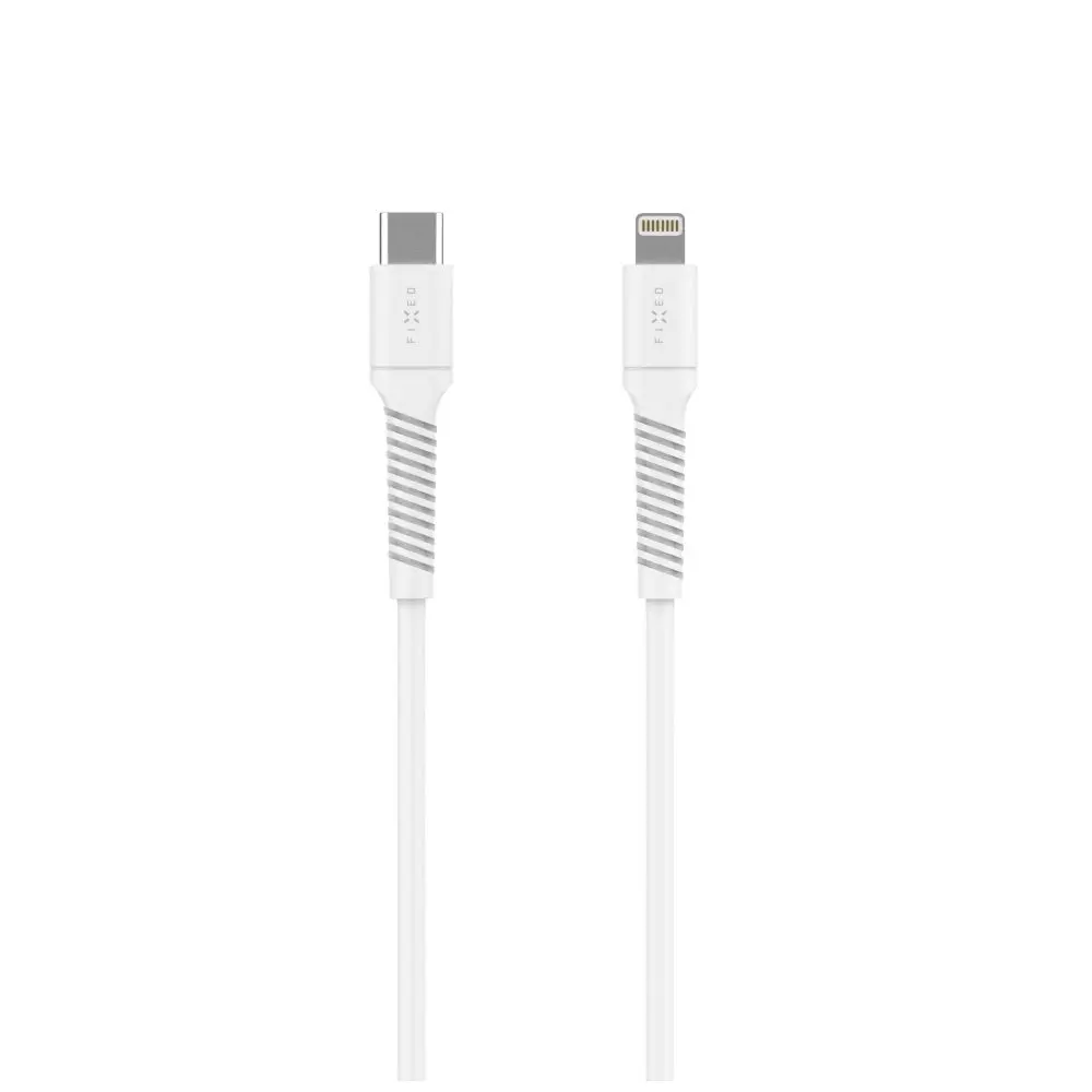 Nabíjecí a datový Liquid silicone kabel FIXED s konektory USB-C/Lightning a podporou PD, 1.2m, USB 2.0, 60W, bílý