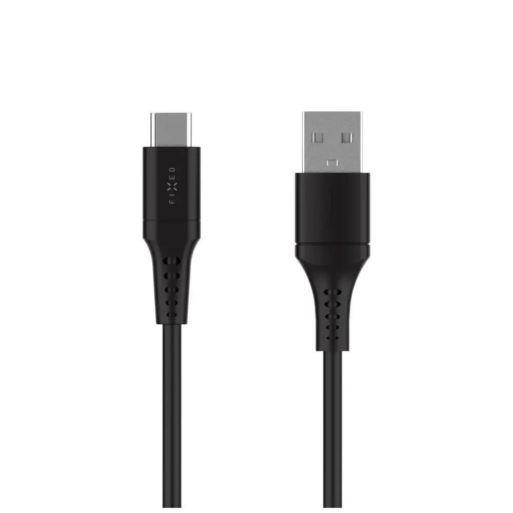Krátký nabíjecí a datový Liquid silicone kabel FIXED s konektory USB/USB-C a podporou PD, 0.3m, USB 2.0, 60W, černý