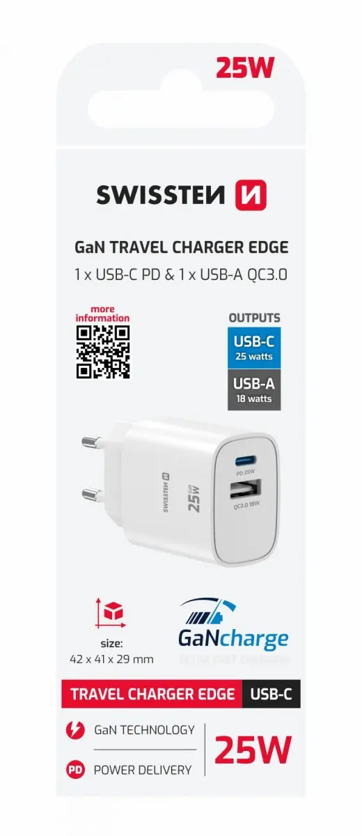 Adaptér Swissten Edge Gan 1x USB-C PD 25W + 1x USB-A 18W QC bílý