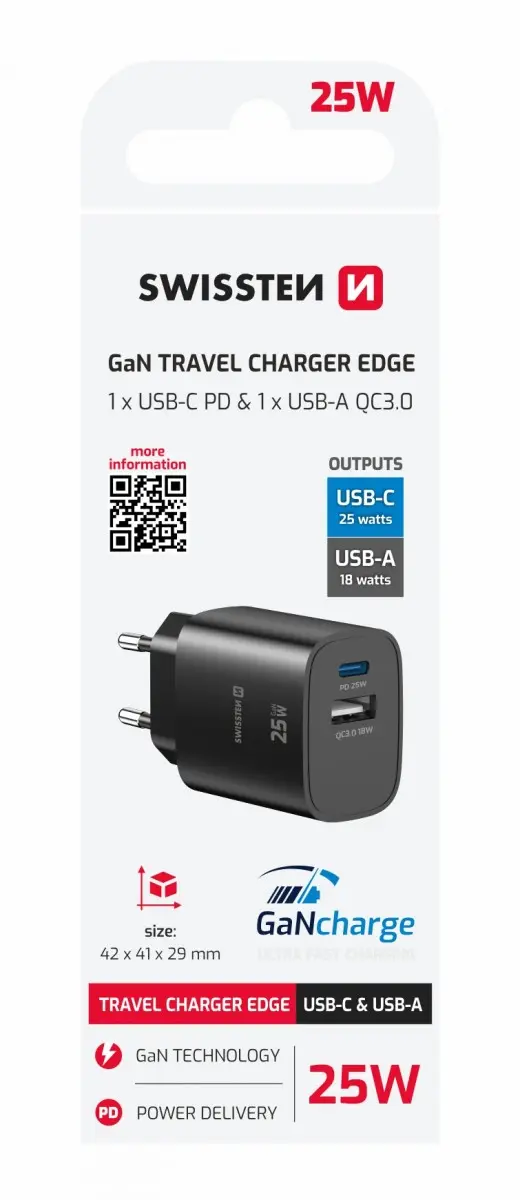 Adaptér Swissten Edge Gan 1x USB-C PD 25W + 1x USB-A 18W QC černý