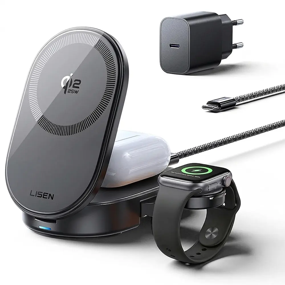 Lisen W121 bezdrátová nabíjecí stanice 3v1, 45W, MagSafe 25 W, Qi2.2, černá